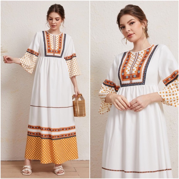 Dresses & Skirts - Boho Floral Print Dot White 3/4 sleeve maxi Dress